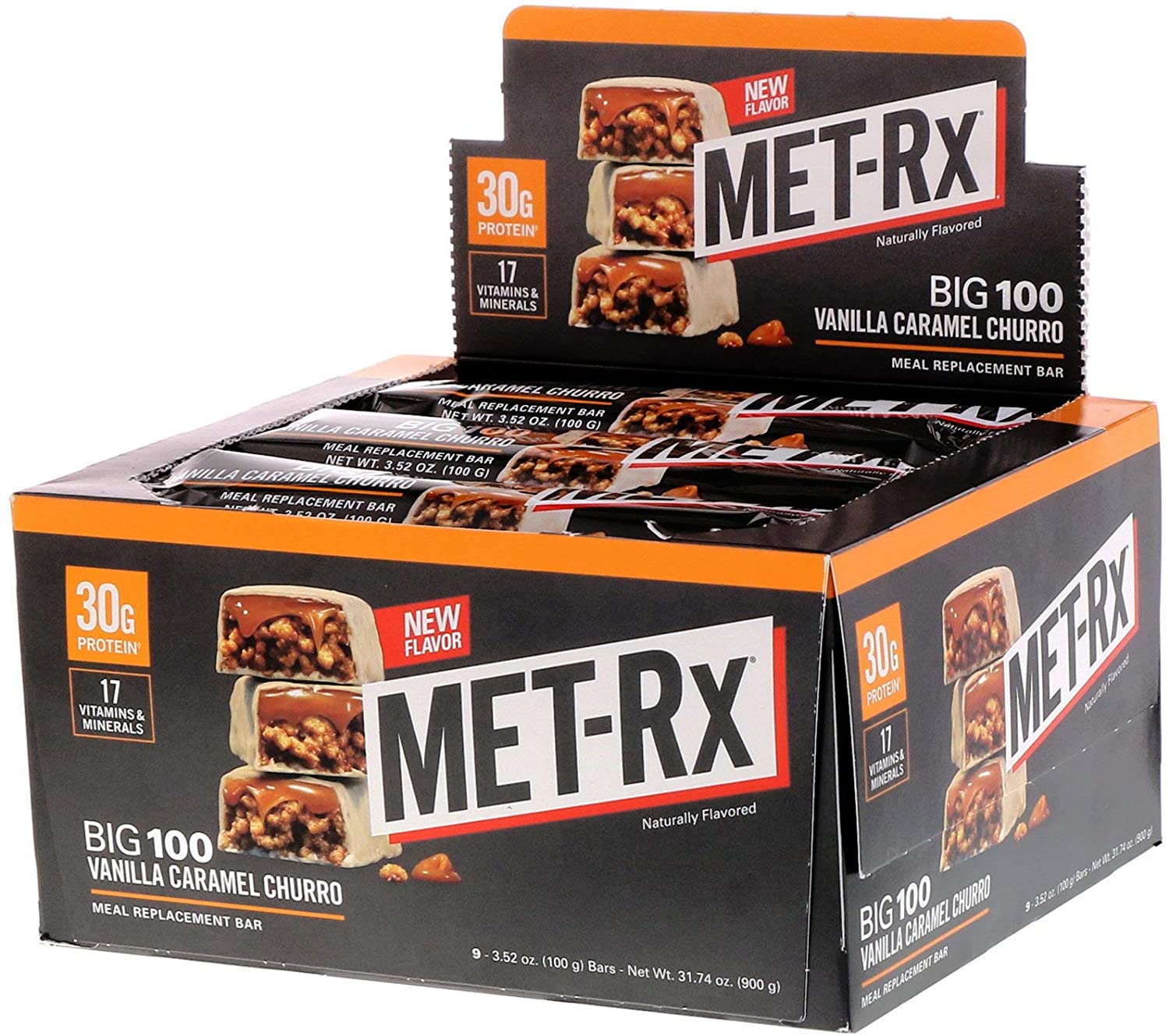 MET-Rx Big 100 Colossal Protein Bars, Great as Healthy Meal Replacement, Snack, and Help Support Energy, Gluten Free, Vanilla Caramel Churro, with Vitamin A, Vitamin C, and Zinc, 100 g, 9 Count